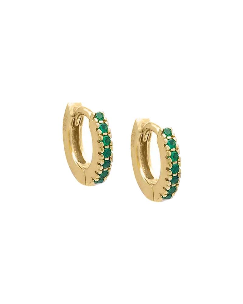 Front of a size One Size Emerald Green CZ Mini Huggie Earring 14K Gold One Size Pair in 14K Gold by By Adina Eden. | dia_product_style_image_id:292418